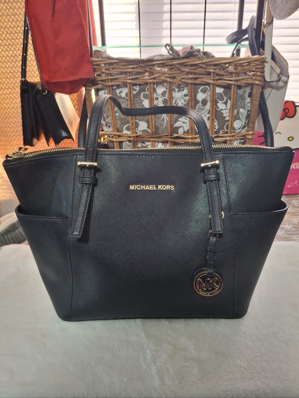 Michael Kors Black Saffiano Leather Tote with Gold Logo Charm